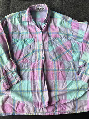 Vintage 90s At Last! Pastel Plaid Cotton Button Up Shirt Medium